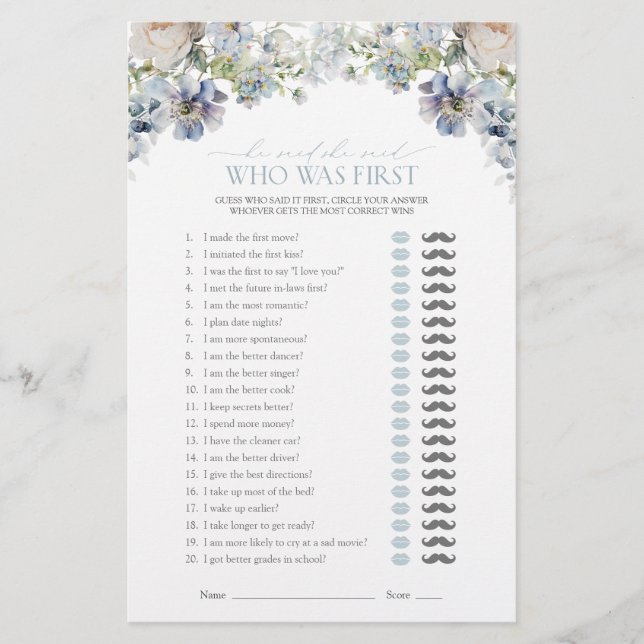 He Said She Said Dusty Blue Floral Shower Game (Front)