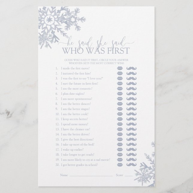 He Said She Said Dusty Blue Snowflake Shower Game (Front)