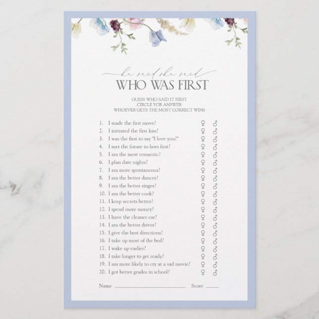 He Said She Said Dusty Blue Wildflower Shower Game (Front)