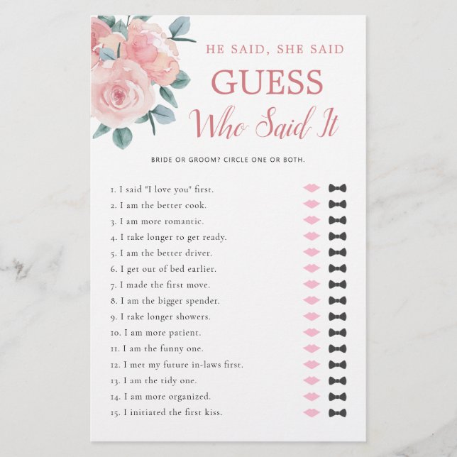 He Said She Said Dusty Rose Bridal Shower Game (Front)