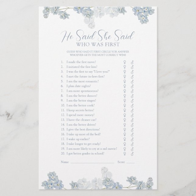 He Said She Said Elegant Dusty Blue Shower Game (Front)