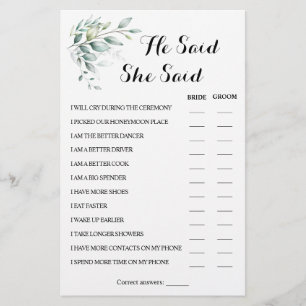 He Said She Said Eucalyptus CoupleShower Game Card