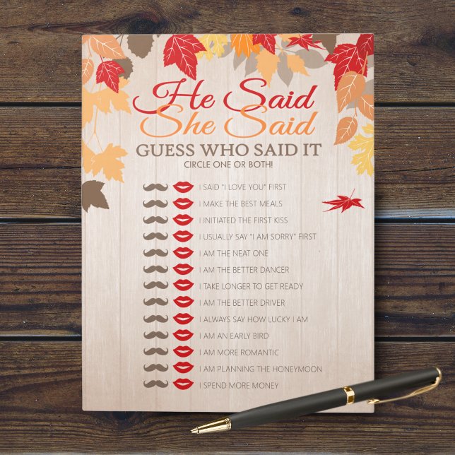 He Said She Said Fall Bridal Shower Game Pack Notepad (Who Knows the Couple Best Bridal Shower Party Game. Comes in a pack of 40 easy tear away games!)