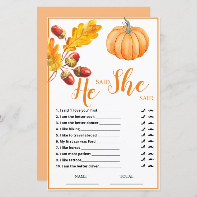 He said She said Fall Pumpkin Bridal Game (Front/Back)