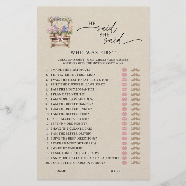He Said She Said Farmers Market Bridal Shower Game (Front)