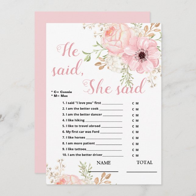 He said She said Floral Bridal Game  Invitation (Front/Back)