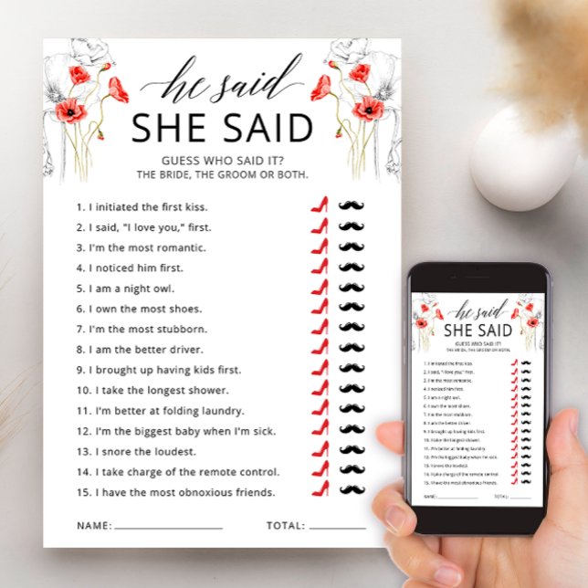 He Said She Said Floral Bridal Shower Game Card (Creator Uploaded)