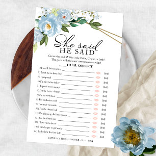He Said She Said Game Dusty Blue Bridal Shower Flyer
