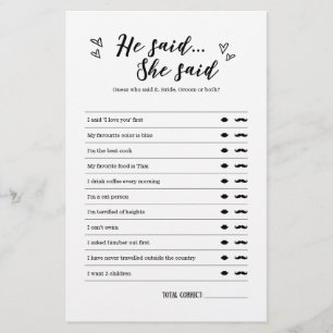 He Said She Said Game for Wedding or Bridal Shower