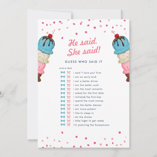 He Said She Said Guess Who Best Bridal Shower Game Invitation (Front)