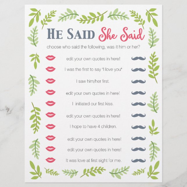 He said She Said illustrated foliage game (Front)
