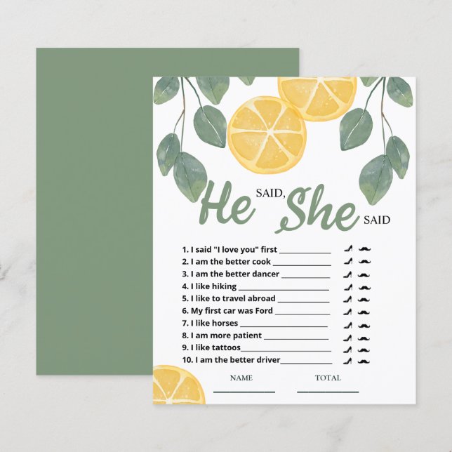 He said She said Lemon Bridal Shower Game (Front/Back)