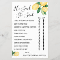 He said She said Lemon Bridal Shower Game Card