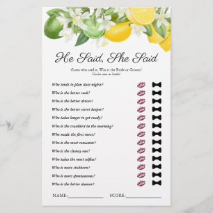 He Said She Said Lemon Greenery Bridal Shower Game