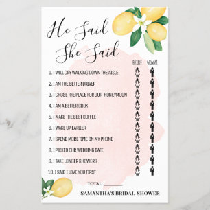 He said She said Lemon Pink Bridal Shower Game Flyer