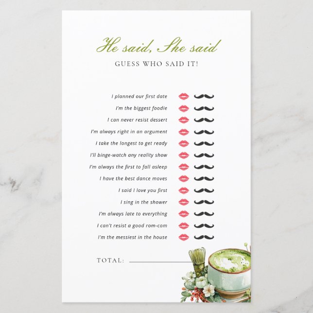 He Said She Said Matcha Bridal Shower Game (Front)