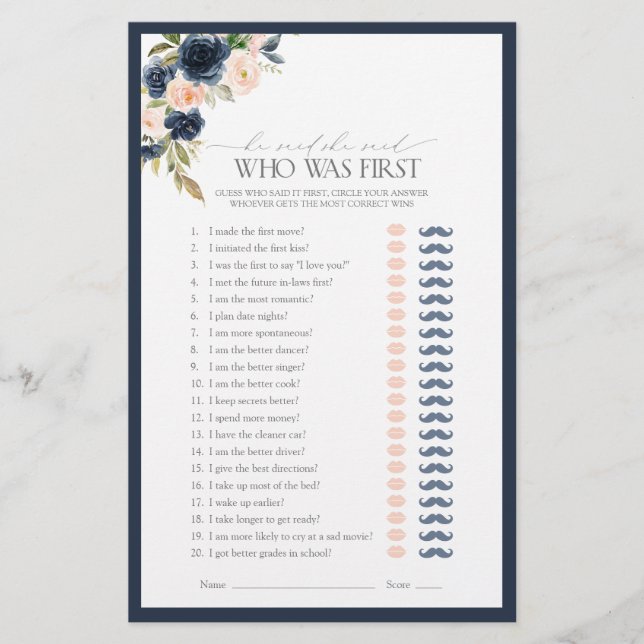 He Said She Said Navy Blue Pink Bridal Shower Game (Front)