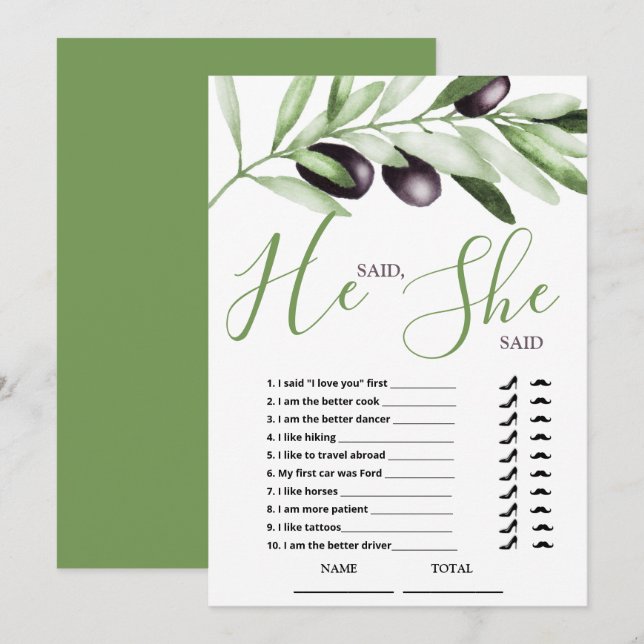 He said She Said Olive Branches Bridal Shower Card (Front/Back)