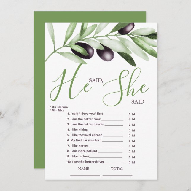 He said She Said Olive Branches Bridal Shower Invitation (Front/Back)