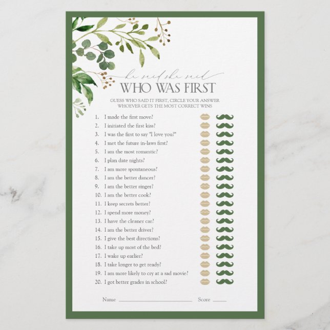 He Said She Said Olive Green Bridal Shower Game (Front)