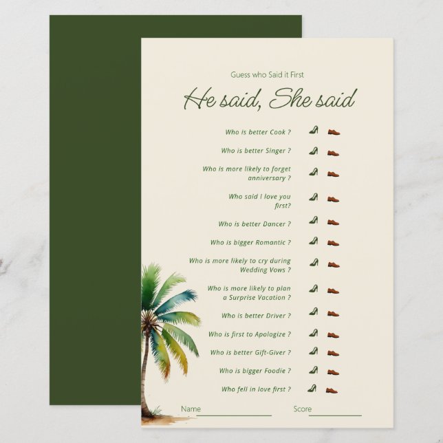 he said she said palm tree bridal shower game (Front/Back)