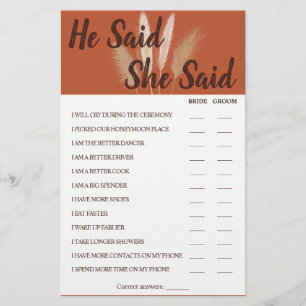 He Said She Said Pampas Couples Shower Game Card