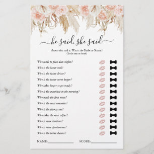 He Said She Said Pampas Grass Bridal Shower Game