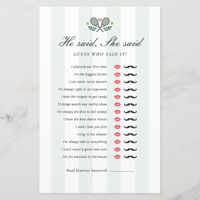 He Said She Said Perfect Match Bridal Shower Game (Front)