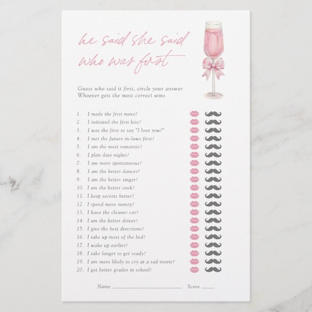 He Said She Said Pink Champagne Bow Bridal Game (Front)