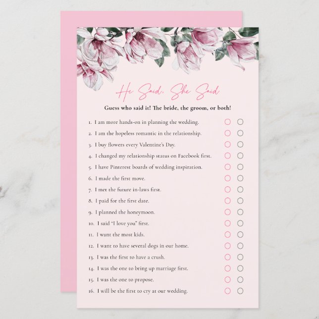 He Said, She Said | Pink Floral Bridal Shower Game (Front/Back)