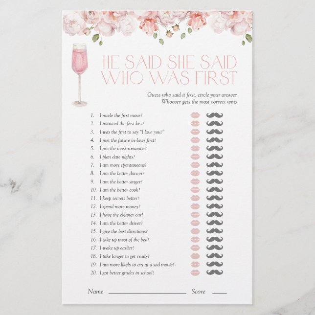 He Said She Said Pink Floral Bridal Shower Game (Front)