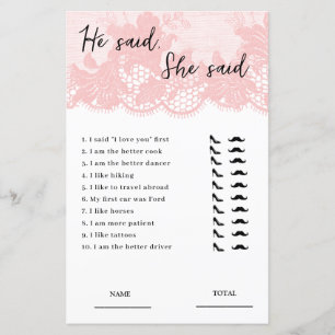 He said, She said Pink Lace Bridal Shower Game