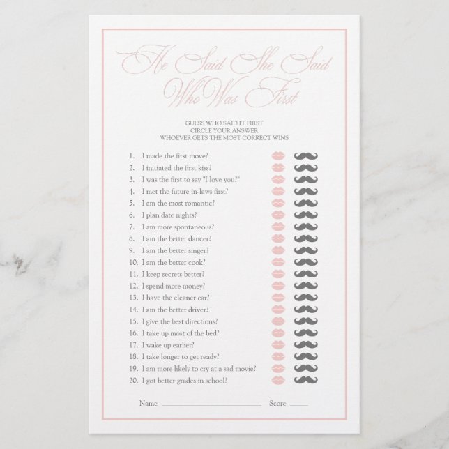 He Said She Said Pink Script Bridal Shower Game (Front)