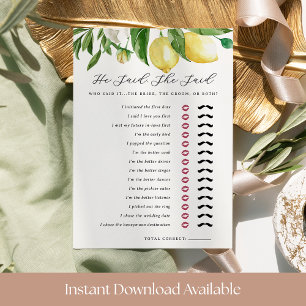He Said She Said Printable Bridal Shower Game Card