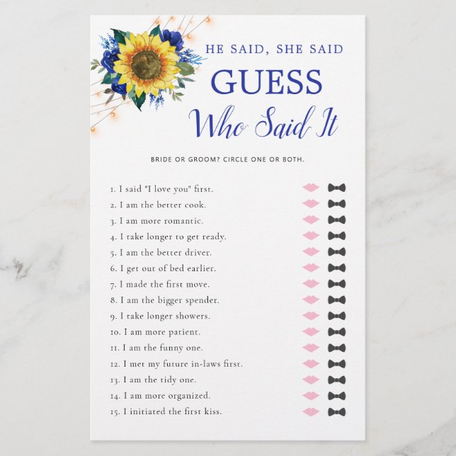 He Said She Said Sunflower Blue Lights Bridal Game (Front)