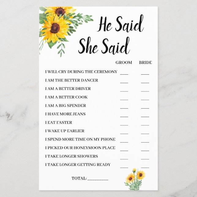 He Said She Said Sunflower Bridal Shower Game Card (Front)