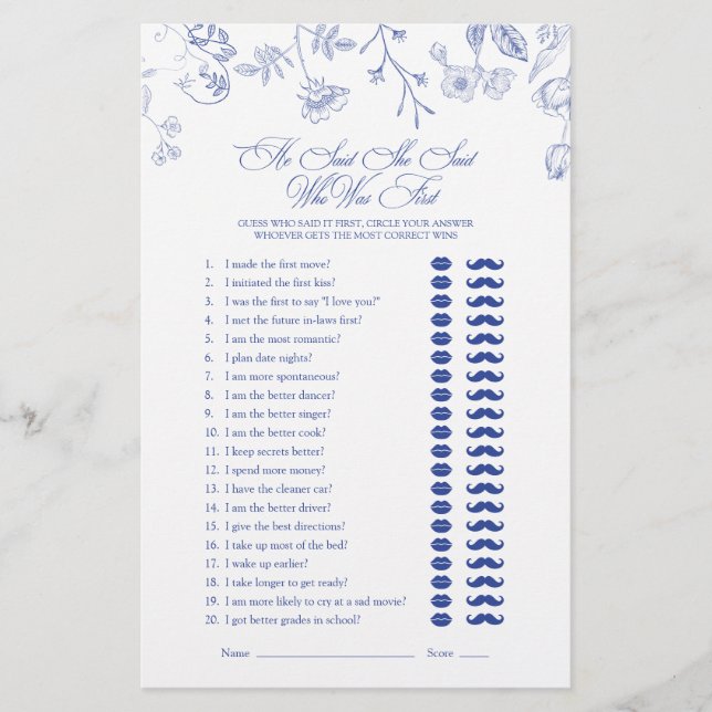 He Said She Said Victorian Floral Shower Game (Front)