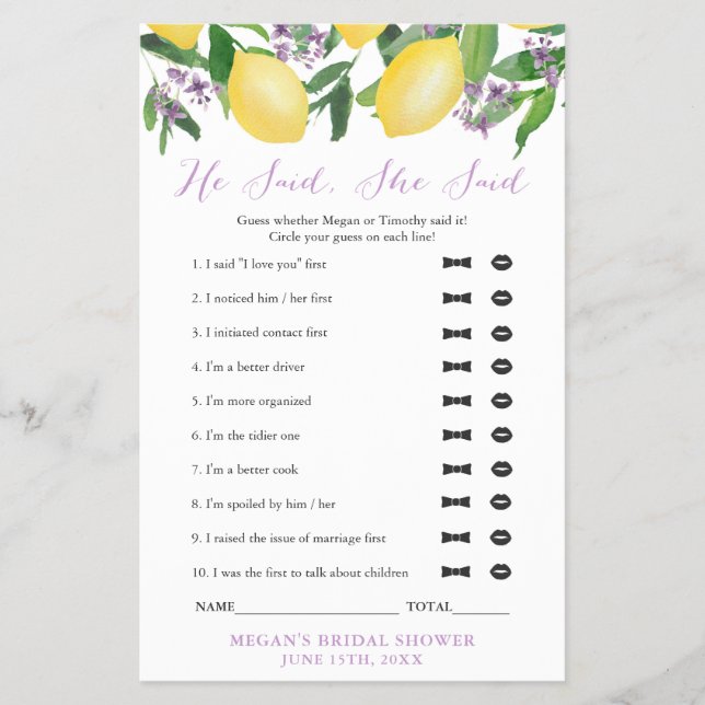 He Said She Said Wedding Shower IceBreaker Game Flyer (Front)