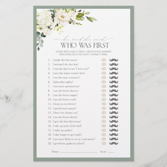He Said She Said White Green Bridal Shower Game (Front)