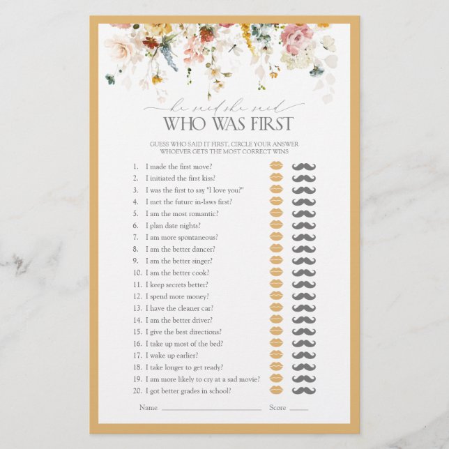 He Said She Said Wildflower Bridal Shower Game (Front)