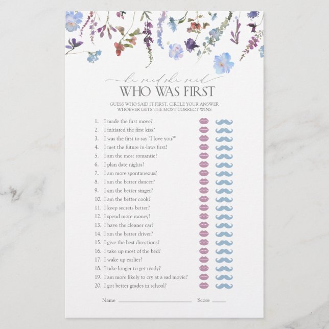 He Said She Said Wildflower Bridal Shower Game (Front)