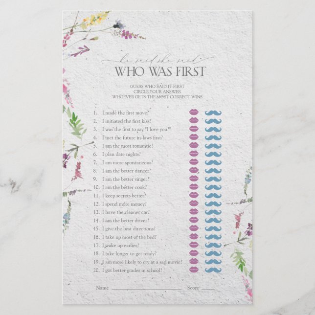 He Said She Said Wildflower Bridal Shower Game (Front)
