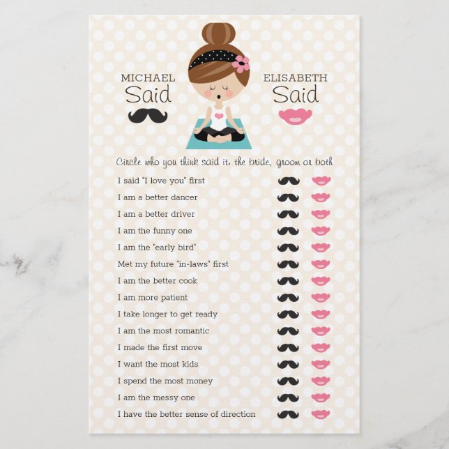 He Said She Said Yoga Girl Bridal Shower Game (Front)