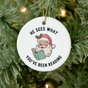 He Sees What You've Been Reading Bookish Christmas Ceramic Tree Decoration