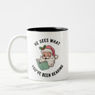 He Sees What You've Been Reading Bookish Christmas Two-Tone Coffee Mug