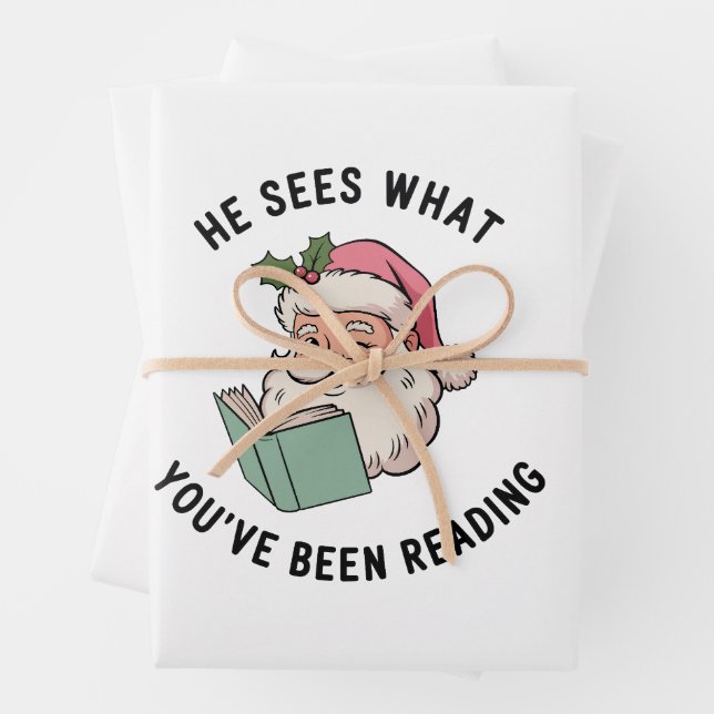 He Sees What You've Been Reading Bookish Christmas Wrapping Paper Sheet (In situ)