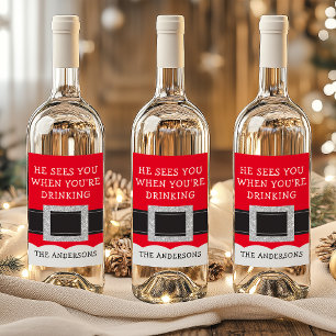 He Sees You When You're Drinking Christmas Santa Wine Label