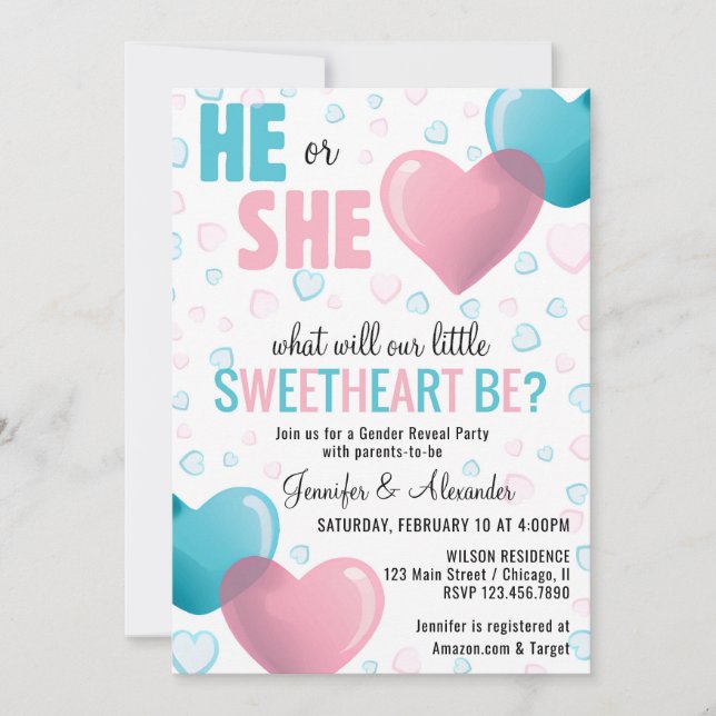 He/She Pink and Blue Hearts Gender Reveal Shower Invitation (Front)