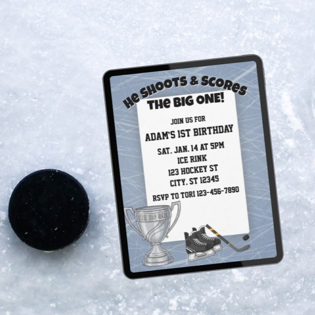 He Shoots, Scores The Big One, Hockey 1st Birthday Invitation (Creator Uploaded)