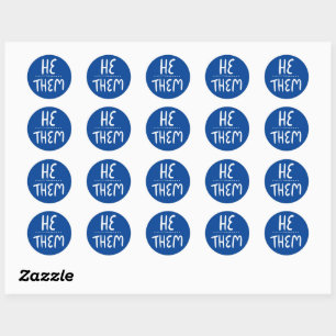 HE / THEM Pronouns Blue Handlettering Set of Classic Round Sticker